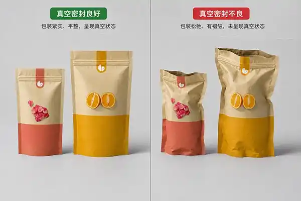 comparison of a consistent vacuum seal vs a wrinkled, incomplete seal on premade pouches