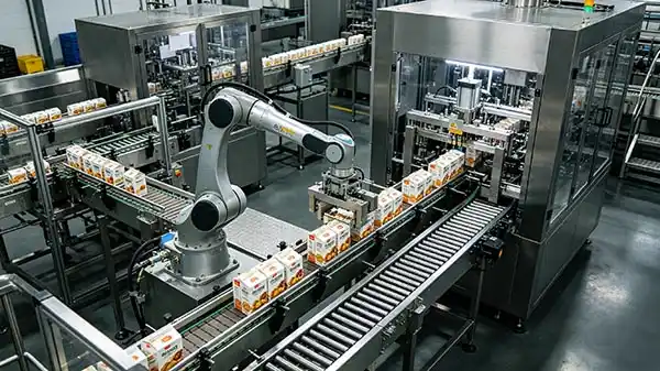 Modern automated packaging line in a food manufacturing facility—sleek, clean, minimal operators