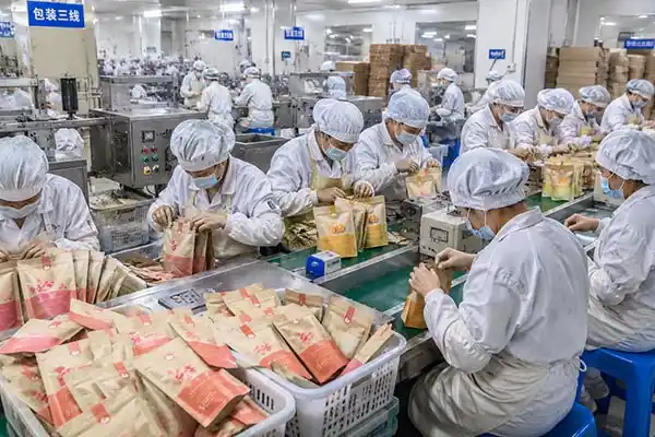 Factory workers performing manual pouch sealing process on a crowded packing line—operational bottleneck before automation