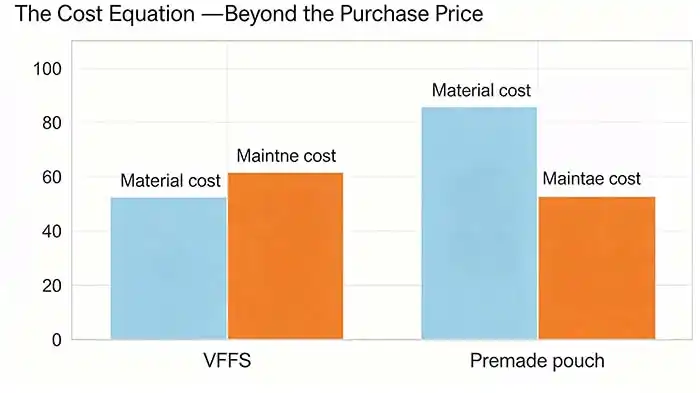 bar chart comparing annual material cost and maintenance cost between VFFS and premade pouch packaging