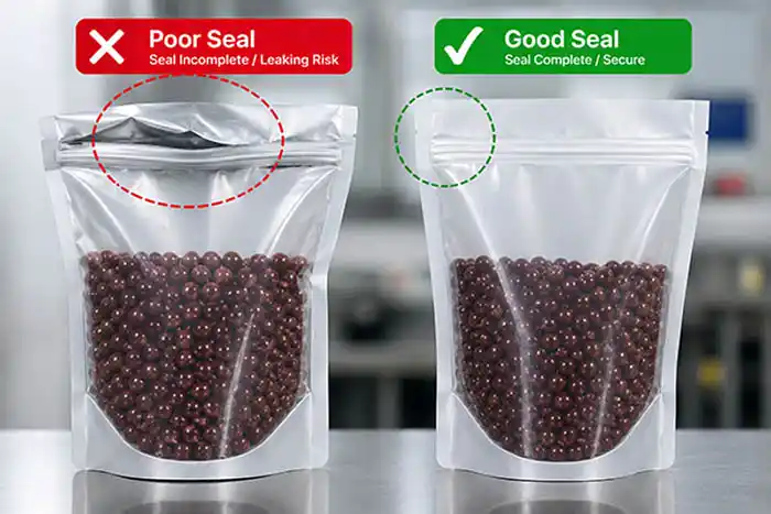 failed pouch seal with leakage compared to properly sealed pouch showing quality difference